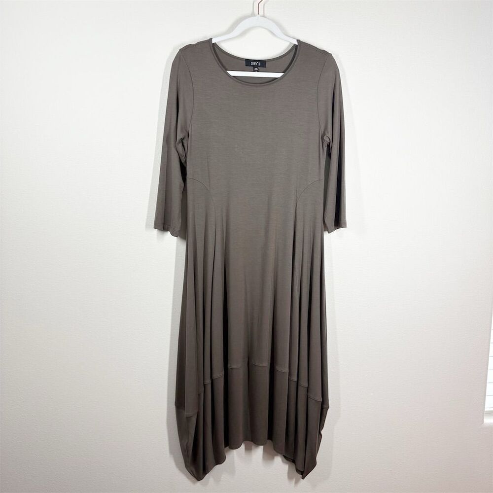 Comfy USA Kati Dress Size S Brown Taupe Tulip Asymmetric Hem 3/4  Sleeves Jersey